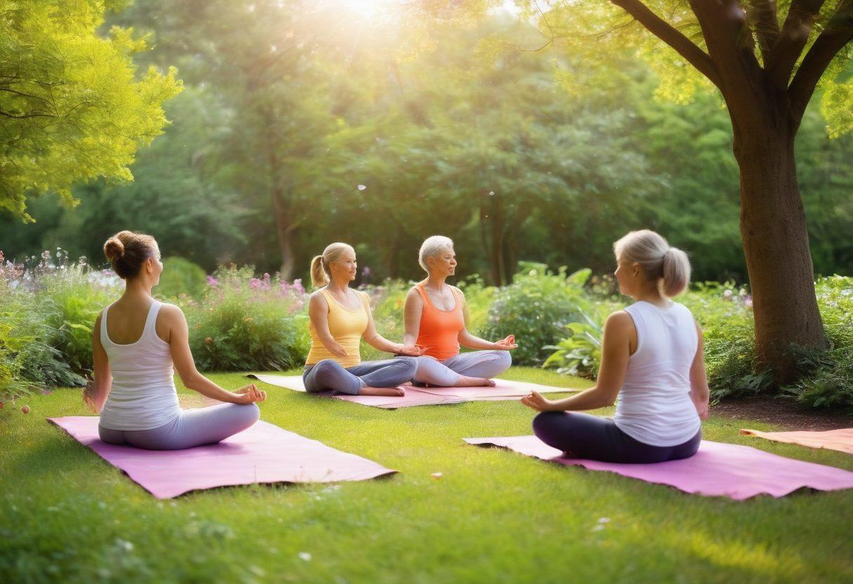 A serene and uplifting scene showcasing a diverse group of cancer survivors engaged in holistic health activities like yoga, meditation, and herbal tea preparation amidst a vibrant garden. Incorporate symbols of empowerment such as butterflies, blooming flowers, and sunlight streaming through the trees, reflecting renewal and hope. Emphasize a feeling of community and resilience, with warm colors that evoke positivity. vibrant colors. soft-focus. natural scenery.