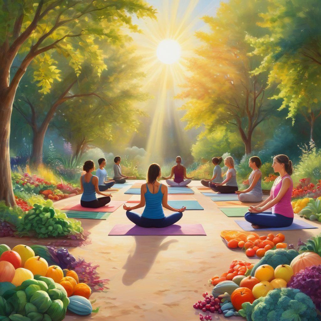 A serene landscape featuring a diverse garden with colorful fruits and vegetables, a peaceful pathway winding through it, symbolizing the journey to wellness. In the foreground, a diverse group of cancer survivors practicing yoga and meditation under a bright sun, radiating positivity and health. Soft, warm lighting enhances the sense of hope and healing. vibrant colors. painting.
