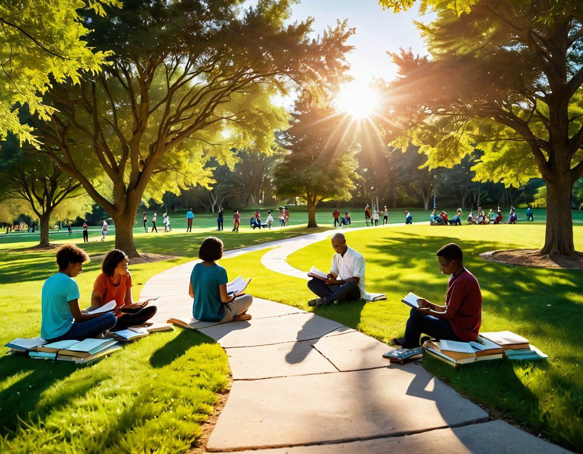 A serene scene depicting a diverse group of people sharing knowledge and support in a sunlit park, surrounded by books and tablets that symbolize learning. In the background, a winding path leading toward a bright horizon represents the journey of empowerment beyond diagnosis. Vibrant colors capture the hopeful atmosphere. soft focus. natural light.